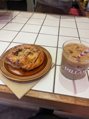 Fermented tofu scroll and iced pandan latte   at Third Culture in East London