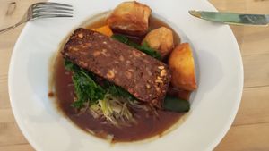 Nut roast, roast potatoes, cabbage, kale, carrot and courgette with gravy at Dabbling Duck in Kings Lynn