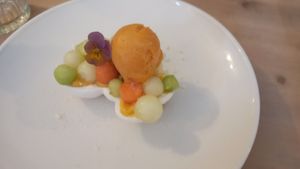 Melon "meringue" with apricot sorbet. at Dabbling Duck in Kings Lynn