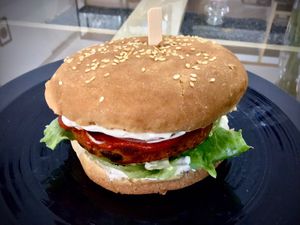 Russian beetroot burger at Mishto Café & Deli in Budapest