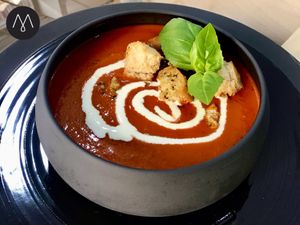 Tomato cream soup at Mishto Café & Deli in Budapest