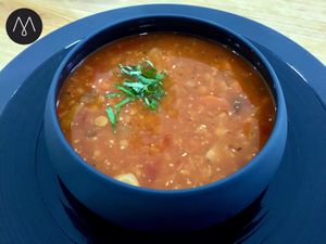 Turkish red lentil-vegetable soup at Mishto Café & Deli in Budapest