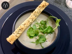 Parsnip cream soup at Mishto Café & Deli in Budapest