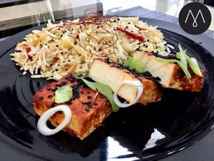 Vegan, gluten-free lunch menu
-Marinated baked tofu, with a side of fried rice- at Mishto Café & Deli in Budapest