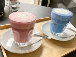Beetroot & Spirulina Latte  at Mishto Café & Deli in Budapest