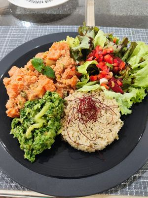 Full meal option, quinoa, broccoli and sweet potatoes with salad. at Mishto Café & Deli in Budapest
