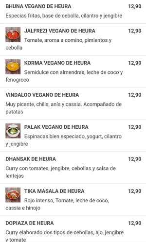 Carta (platos de heura) at Tarka Indian Food & Drinks in Almeria