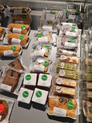 Vegan snacks and cakes: 'seitan broodje', 'sate broodje', carrot cake, brownie, abricot-date cookie and raw bars from Lady FruitCake. at EkoPlaza - Nieuwe Ebbingestraat in Groningen