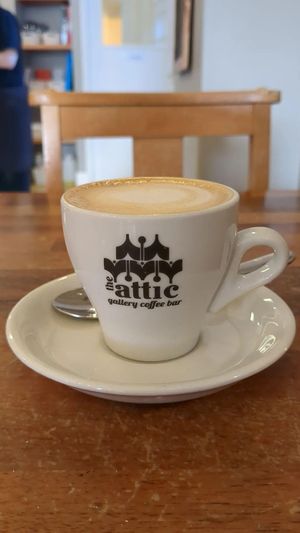 Oat milk flat white. at Harlequin Coffee and Tea House in York