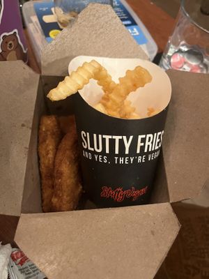 Tenders and fries, they don’t skimp on fries so don’t order extra   at Slutty Vegan in Brooklyn