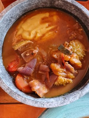 Mashed tapioca with vegetables curry at Da Quebrada in Sao Paulo