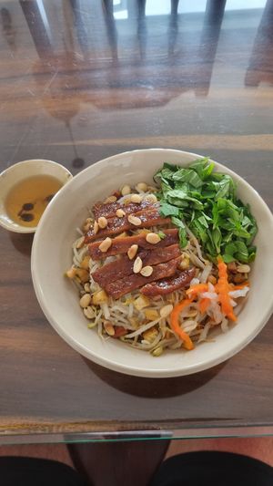 stir-fried vermicelli noodle with grilled vegan meat at Mỹ Thoa Chay in Da Lat