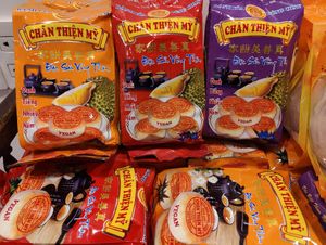 Mung bean and taro paste traditional moon cake. Try it out, I love it! at Mỹ Thoa Chay in Da Lat