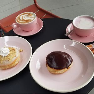 Rhubarb crumble and Boston cream Donut,  Chai Latte and Rose Latte at Brammibal's Donuts - Altona  in Hamburg