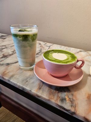 Iced matcha latte and matcha latte at Brammibal's Donuts - Altona  in Hamburg