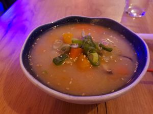 Miso soup at Modoki Funky Roll in Barcelona