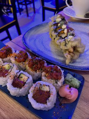 Godzilla Fried Roll (in the back) and Spicy Maguro Roll (in the front)  at Modoki Funky Roll in Barcelona