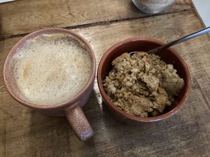 Cappuccino and apple crumble  at The Vegan Shack in Panama City