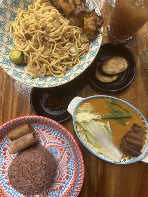Peanut noodles, Kare Kare with red Rice, Lumpiang Shanghai  at Cosmic Siargao in Siargao