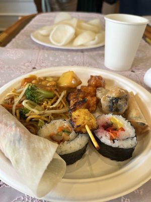 Vegetable sushi, noodles, sweet and sour mock chicken, vegetable curry mock chicken satay   at ZenV Garden  in Gloucester
