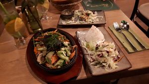 Seetangfilet mit Gemüse, dazu Reis und Salat at Vegan Living in Magdeburg