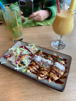 Gyoza als Vorspeise, dazu Mango Lassi at Vegan Living in Magdeburg