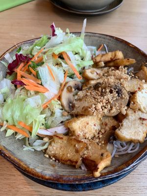 Gebratener Tofu mit frischen Pilzen und Erdnüssen. Sehr lecker! at Vegan Living in Magdeburg