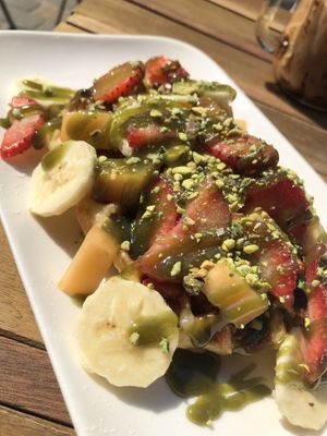 Pistachio and fruit waffle  at Chocolate Bar Brugge in Bruges