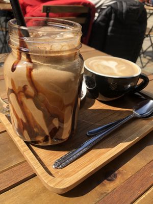 Iced mocha and cappuccino (from vegan menu)  at Chocolate Bar Brugge in Bruges