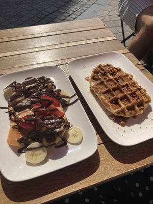 Fruit + chocolate and speculoos waffles  at Chocolate Bar Brugge in Bruges
