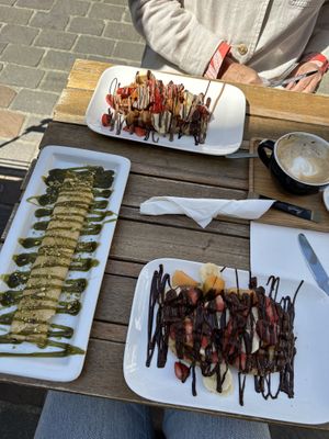 pistachio crepe, waffle with chocolate and fruit  at Chocolate Bar Brugge in Bruges