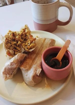 Burrito de tofu y burrito de frijoles con salsa macha at Café Felipa in Hermosillo