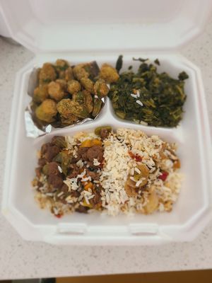 "Steak" and rice with fried okra and collards at Mother Natures Soul Food Vegan in Lynchburg