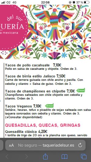 Carta  at Taquería del Sur in Badajoz