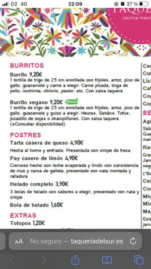 Carta  at Taquería del Sur in Badajoz