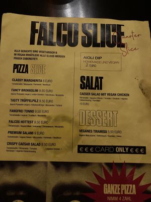 Falco Slice menu from November 2023. All pizzas can be made in vegetarian and vegan version. The pizzas are between 8-9.5€, there’s Cesar‘s salad (10€) and vegan tiramisù  at FALCO'SLICE in Berlin