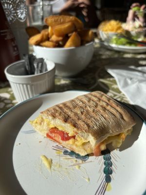 Cheese, pepper and tomato toasty and chips  at Forse of Nature in Latheron
