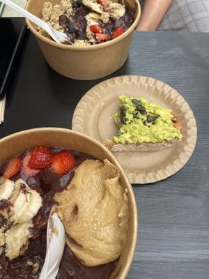 Peanut bowl, protein bowl and avocado toast (unfortunately we already started to eat)  at Very Açai in Rome