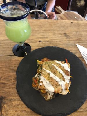 Lasagna and a cucumber/lime drink  at Tazon de Barro in Guanajuato