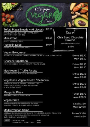 Vegan menu  at Casa Mia in Ipswich