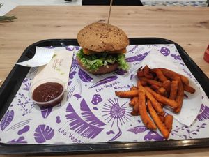 Fried cheese sandwich with sweet potato fries and BBQ sauce (~€12 includes not pictured drink) at Las Vegan's - Etele Pláza in Budapest