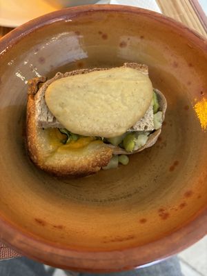 Small part of the third course (toast with chickpea cream which was not hummus but close)  at Piccola Gastronomia da Elsa in Salerno