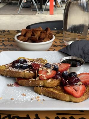 French toast and burnt home fries 😐 at Urban Vegan Kitchen in New York City