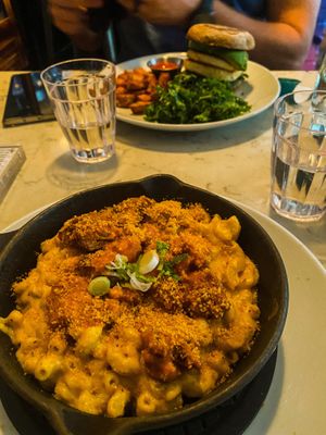 Mac and cheese with buffalo wings on top   at Urban Vegan Kitchen in New York City