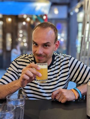 Comically small glass for my beer at Urban Vegan Kitchen in New York City