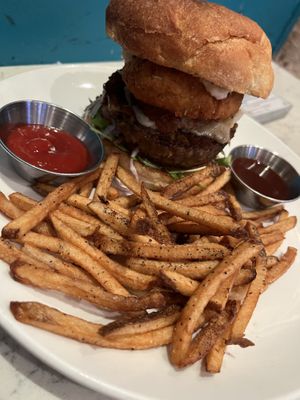 Magic Ring Burger with side of fries  at Urban Vegan Kitchen in New York City