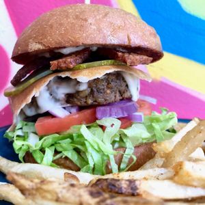 UVK Quarter Pounder with Numu Mozzarella and Tempeh Bacon at Urban Vegan Kitchen in New York City
