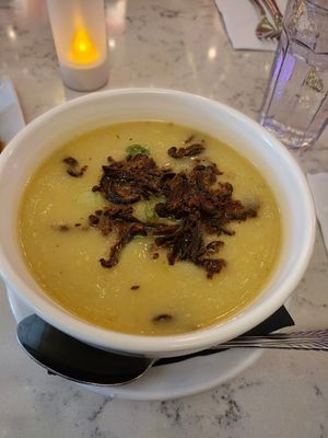 Potato Leek soup with Shiitake mushroom bacon at Urban Vegan Kitchen in New York City