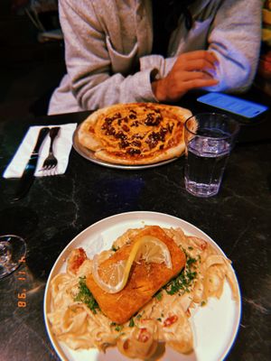 Got the Luca Brasi Oahu Salmon Past & The Hollywood Special Pizza. Both delicious!  at Urban Vegan Kitchen in New York City