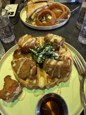Chicken and waffles and the tofu breakfast Sammie  at Urban Vegan Kitchen in New York City